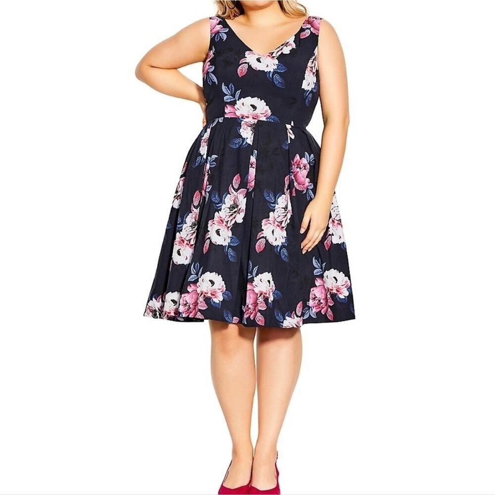 City Chic Women's Plus Size Navy True Love Floral Print Pin Up Style dress 20